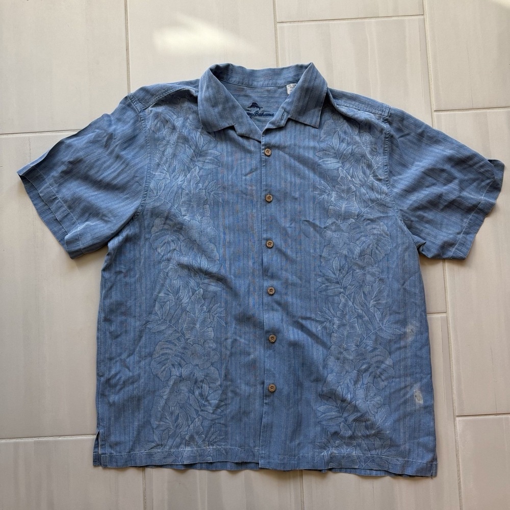 Tommy Bahama Mens Blue 100% Silk Hawaiian Camp Shirt Floral Button Up Size 2XL
